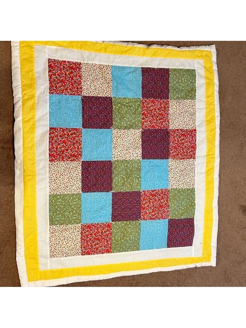Multicolor Patchwork Cotton lap Quilt with Yellow Border. 47”x41”.